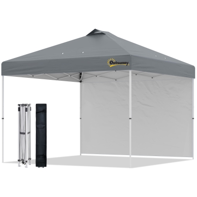 Outsunny 10' x 10' Pop Up Canopy Tent with Adjustable Height, 1 Sidewall, and Wheeled Carry Bag for Outdoor, Garden, Patio, Grey