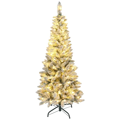 HOMCOM 5ft Flocked Christmas Tree with Dual Colour LED Light, Pencil Hinged Xmas Tree with 11 Light Modes, Easy Assembly