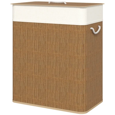 HOMCOM Double Laundry Basket with Lid, 100L Bamboo Laundry Hamper with Rope Handles and Removable Bags, Brown