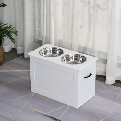 PawHut Large Elevated Pet Feeder with Storage Dog Pet Diner Function 2 Stainless Steel Dog Bowls Elevated Base for Large Dogs and Other Large Pet, White