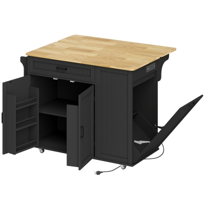HOMCOM Kitchen Island Cart, Portable Kitchen Island Table with Charging Station, Rubber Wood Drop Leaf, Trash Storage, Black