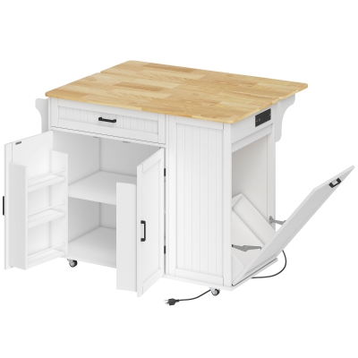 HOMCOM Kitchen Island Cart, Portable Kitchen Island Table with Charging Station, Rubber Wood Drop Leaf, Trash Storage, White