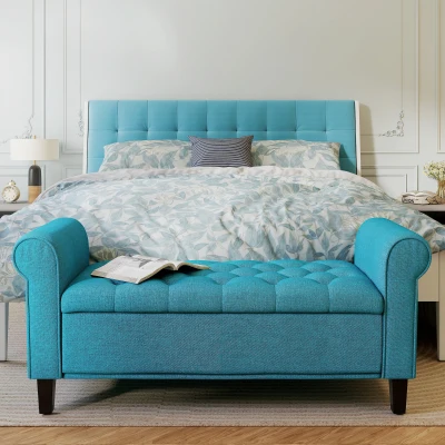 HOMCOM 50" Teal Storage Ottoman Bench with Rolled Arms & Tufted Design