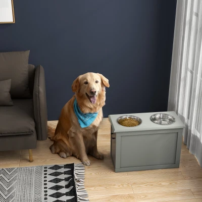 PawHut Raised Pet Feeding Station with 2 Bowls, Gray