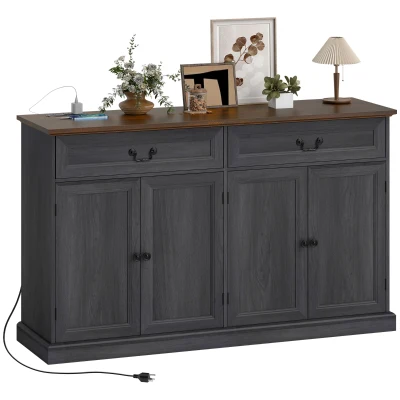 HOMCOM Buffet Cabinet, 55" Farmhouse Sideboard with Charging Station, 2 Drawers and 2 Adjustable Shelves, Black Wood Grain