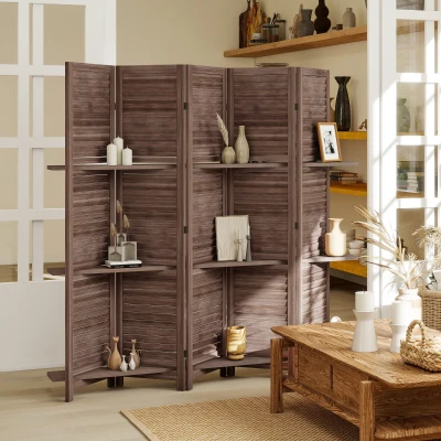 HOMCOM 67" Wood Privacy Screen Room Divider with Shelves, Walnut