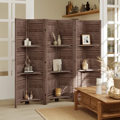 HOMCOM 67" Wood Privacy Screen Divider with 3 Shelves, Walnut