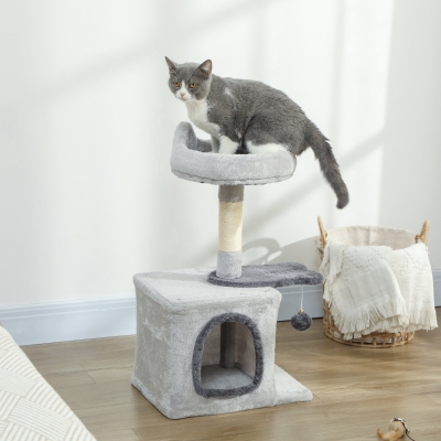 PawHut 28" Cat Tree Tower with Plush Top Bed, Cozy Condo, Sisal Scratching Post, Perch, Dangling Ball, Light Grey
