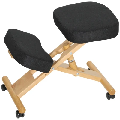 HOMCOM Ergonomic Kneeling Chair, Posture Chair with Rubberwood Frame, Rolling Wheels for Home Office, Posture Correction, Black