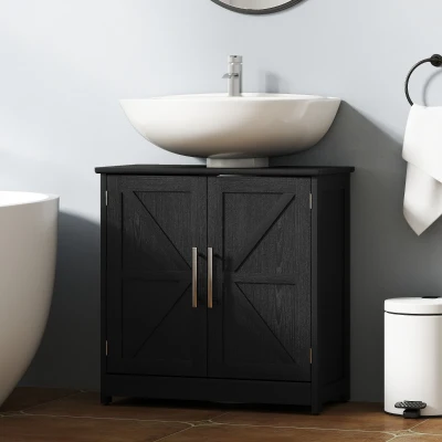 HOMCOM Farmhouse Sink Cabinet with Barn Doors, Adjustable Shelf, Black