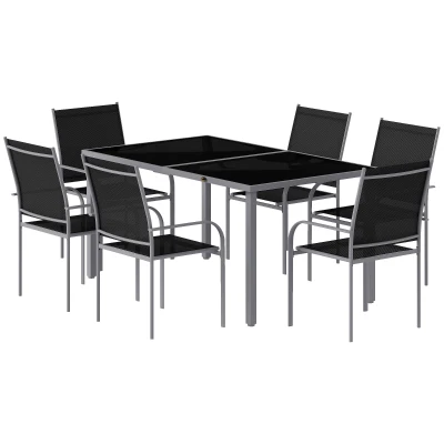 Outsunny 7 Piece Outdoor Patio Dining Set with Table and 6 Stackable Chairs, Steel Frame, Tempered Glass Top, Mesh Seats, Black