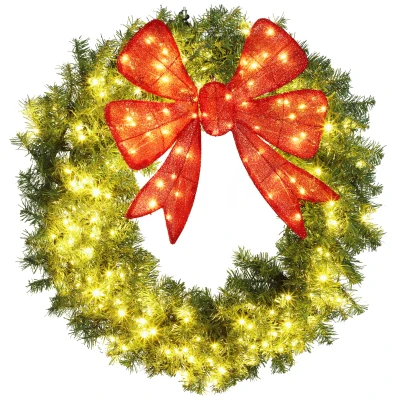 HOMCOM 36in Pre-Lit Christmas Wreath with 3D Red Bow, 11 Lighting Modes, Front Door Christmas Wreath with Remote