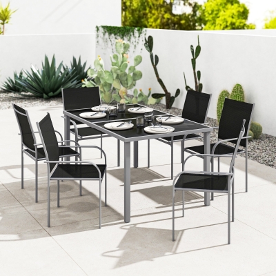 Outsunny 7 Piece Outdoor Patio Dining Set with Table and 6 Stackable Chairs, Steel Frame, Tempered Glass Top, Mesh Seats, Black