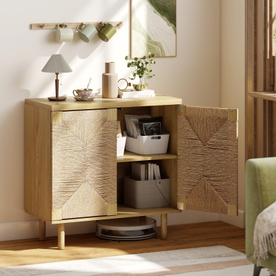 HOMCOM Handwoven Rope Accent Cabinet Boho Sideboard Buffet Cabinet with Push to Open Doors Adjustable Shelf Pine Wood Legs Oak