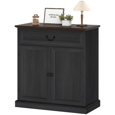 HOMCOM Buffet Cabinet, 32" Farmhouse Sideboard with Thick Top, Quiet Drawer and Adjustable Shelf, Black Wood Grain