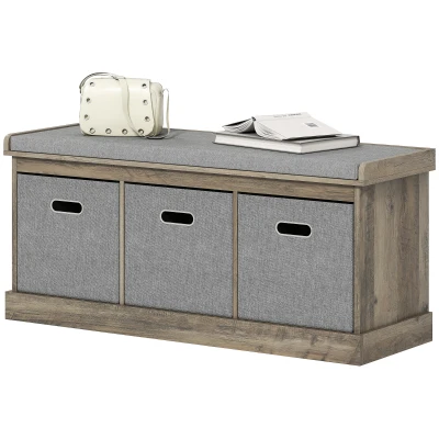 HOMCOM Shoe Storage Bench with Seat, Entryway Bench Seat with Cushion, 3 Fabric Drawers for Hallway, Washed Grey