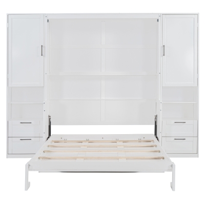 Queen Size Murphy Bed with Closet, Drawers and Shelves, Space-saving Wall Bed with Integrated Storage, 114" L x 17" W x 87" H, White