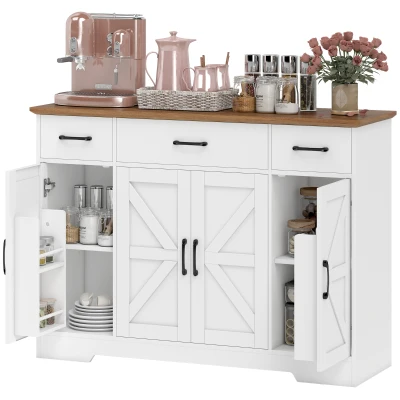 HOMCOM 47" Buffet Cabinet with Soft-Close Hinges, Farmhouse Sideboard with 3 Drawers, Adjustable Shelves and Spice Racks, White