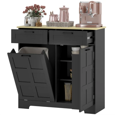 HOMCOM 7 Gallon Tilt Out Garbage Cabinet, Kitchen Island with Trash Cabinet, 2 Drawers, Door Racks, Adjustable Shelves, Black