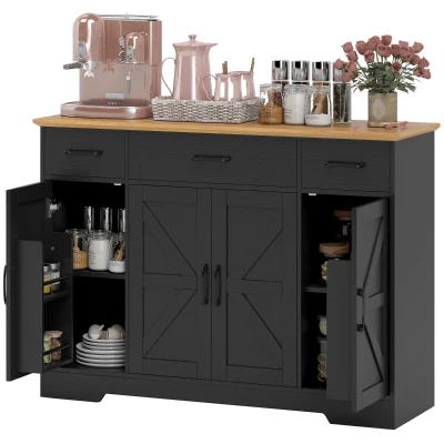 HOMCOM 47" Buffet Cabinet with Soft-Close Hinges, Farmhouse Sideboard with 3 Drawers, Adjustable Shelves and Spice Racks, Black