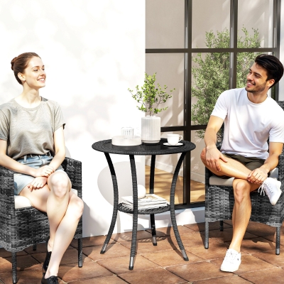 Outsunny Outdoor Rattan Dining Table, Patio Wicker Round Coffee Table with 2-Tier Storage Shelf, Black