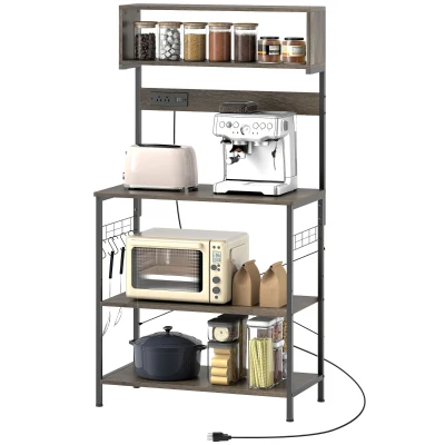 HOMCOM Baker's Rack with Charing Station, Microwave Shelf with Power Outlet, USB Charger and 5 Hooks, Distressed Grey
