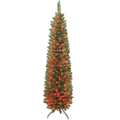 HOMCOM 6ft Christmas Tree with Colourful DIY Synchronized LEDs, Hinged Pencil Xmas Tree with Remote, Daily Timer, Green