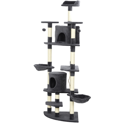 PawHut 79" Cat Tree with Two Condos, Kitty Tower with Scratching Posts, Two Hammocks, Perches, Interactive Toys, Dark Grey