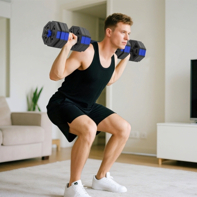 Soozier 4-in-1 Adjustable Dumbbell Set, Used as Kettlebell, Barbell, Dumbbell, Push-Up Stand, 66lbs Free Weights Set, Blue