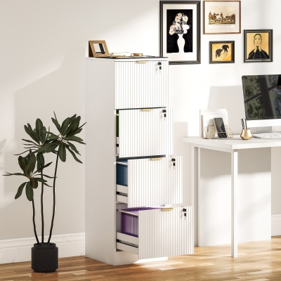 HOMCOM Lockable Filing Cabinet with 4 Fluted Drawers, File Cabinet with Adjustable Hanging Rails for A4 Letter Files, White