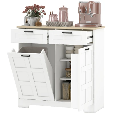 HOMCOM 7 Gallon Tilt Out Garbage Cabinet, Kitchen Island with Trash Cabinet, 2 Drawers, Door Racks, Adjustable Shelves, White