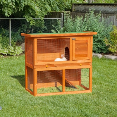 PawHut Wooden Rabbit Hutch, Indoor Outdoor Bunny Cage with Run, 2- Level Guinea Pig House with Slide-Out Tray, Waterproof Roof, Yellow