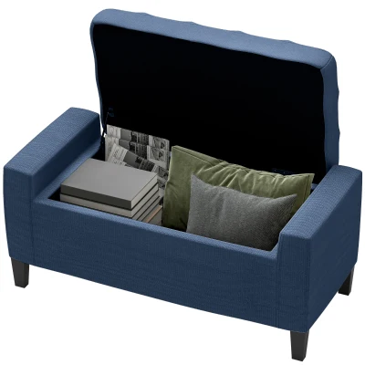 HOMCOM Storage Ottoman Bench, Linen Upholstered Bench with Tufted Design, Dark Blue
