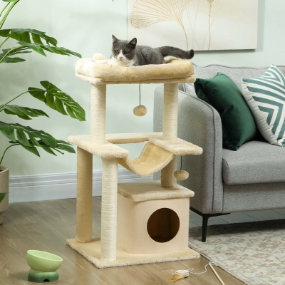 PawHut 39.25'' Cat Tree Tower Multi-Level Kitten House with Scratching Post Condo Hammock Bed Ball Toy - Beige