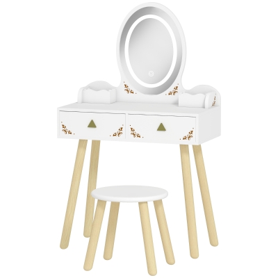Qaba Kids Vanity Set with Mirror, Stool, 3-Colour LED Lights, Girls Dressing Table Pretend Play for Kids Room, Pink