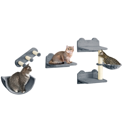 PawHut Cat Wall Shelves with Hammock & Steps, Gray