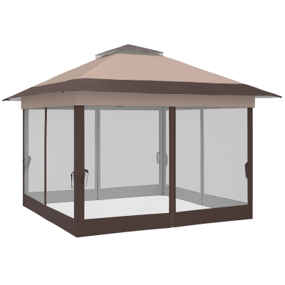 Outsunny 12' x 12' Foldable Pop-up Party Tent Instant Canopy Sun Shade Gazebo Shelter Steel Frame Oxford w/ Roller Bag, Brown
