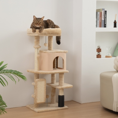 PawHut 41 Inch Cat Tree with Scratching Posts, Cat Bed, Condo, Grooming Brush, Jumping Platforms, Toy Balls, Anti-tip Kit