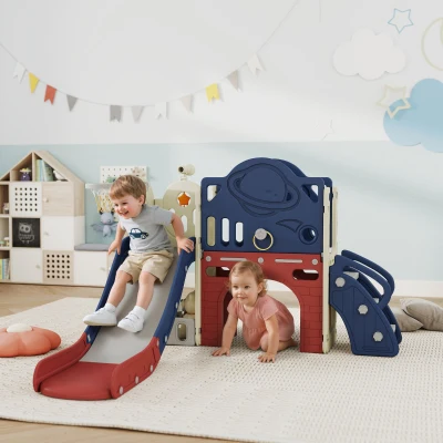 Qaba 8-in-1 Toddler Slide Playset with Basketball Hoop, Blue
