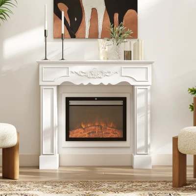 HOMCOM Baroque Freestanding Fireplace Mantel for Electric Fireplaces, White