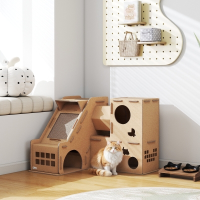 PawHut Multi-Level Cardboard Cat House, Corrugated Cardboard Play Condo with Scratching Pads for Indoor Kittens