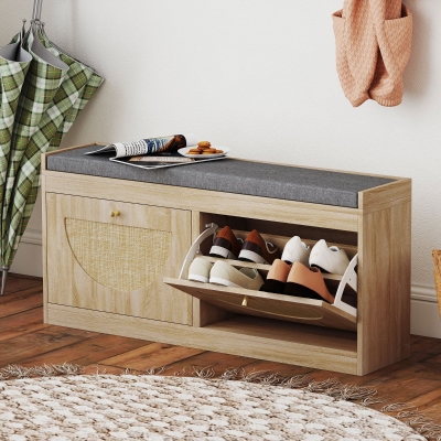 HOMCOM Shoe Bench with Flip Doors, Seat Cushion, Adjustable Shelves for 8 Pairs, Boho Entryway Bench for Bedroom, Natural Wood