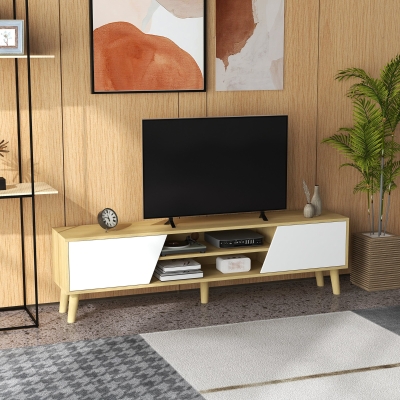 HOMCOM TV Stand for 65 Inch Television, Entertainment Center with Soft Closing Door and Rubberwood Legs, Oak and White