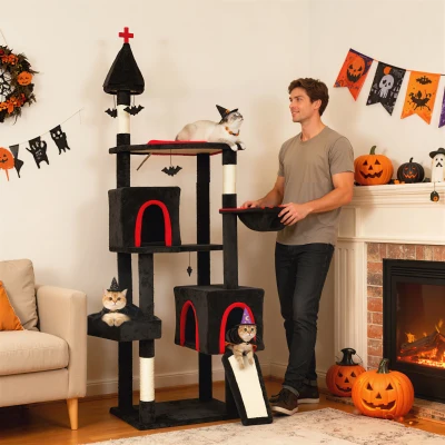 PawHut 78" Gothic Cat Tree with Coffin Bed & Condos, Halloween