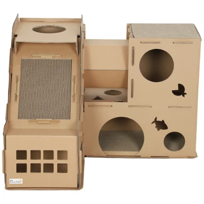 PawHut Multi-Level Cardboard Cat House, Corrugated Cardboard Play Condo with Scratching Pads for Indoor Kittens