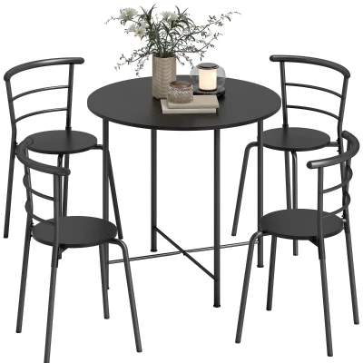 HOMCOM 5 Piece Dining Table Set, Space Saving Round Dining Set for 4 with Metal Frame for Small Spaces, Black Wood Grain