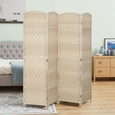 HOMCOM 6' Tall Folding Wood Privacy Screen, 4-Panel Partition, Oak