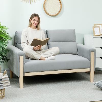 HOMCOM 53" Loveseat Sofa, Small 2 Seater Couch with Solid Wood Legs, Modern Velvet Sofa for Living Room, Small Spaces, Grey