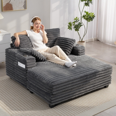 HOMCOM 60" Chaise Lounge Chair, Oversized Upholstered Sofa Bed with Cup Holders & Pillows, Sleeper Couch for Living Room, Grey