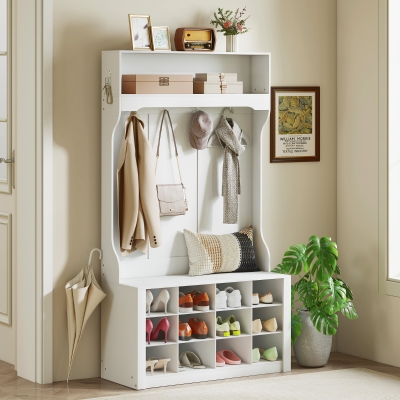 HOMCOM 4-In-1 Hall Tree with Bench and Shoe Storage, Farmhouse Coat Rack Shoe Bench with 12 Shoe Cubbies, 6 Hooks, White